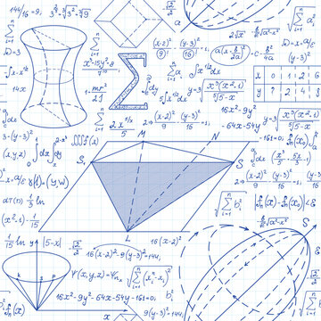 "Back to school" vector seamless background with scientific math and physics calculations, formulas and equations handwritten on copybook paper