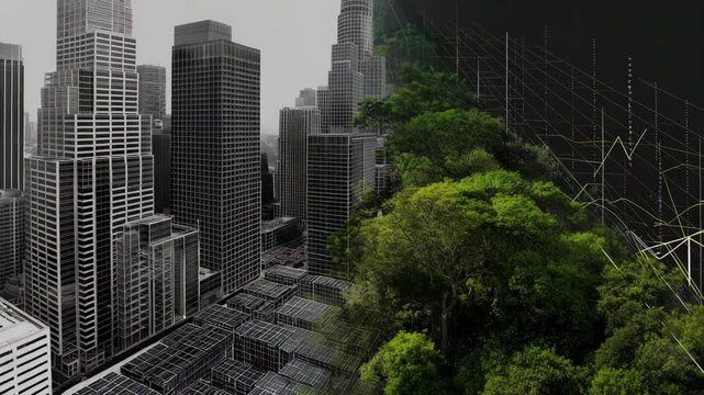 City skyline and a forest are shown side by side. grayscale city grid on left, lush solar city on right, center line chart tipping toward green, sustainable energy stocks