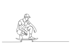 Continuous line drawing of a skateboarder in a crouch, riding with focus. Ideal for extreme sports posters and modern black and white illustrations.