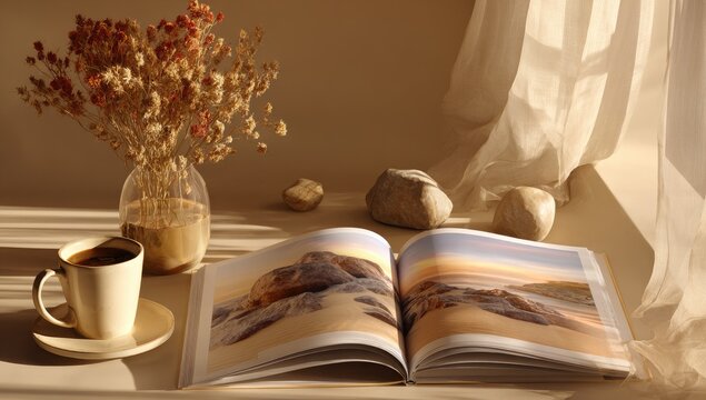 Open book, coffee, dried flowers, sunlight, soft light - Powered by Adobe
