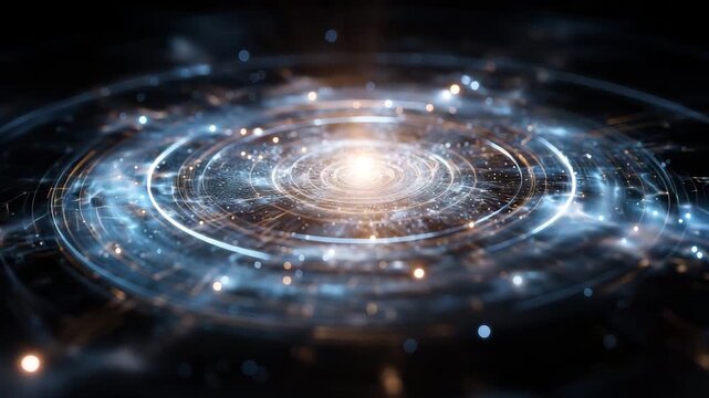 Glowing circle with a bright light in the center. quantum qbits orbiting an AI brain core, futuristic glow burst from center, sci-fi background, quantum ai development