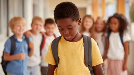 Isolated Boy in Yellow Shirt, Sad and Alone in a Crowded School Hallway