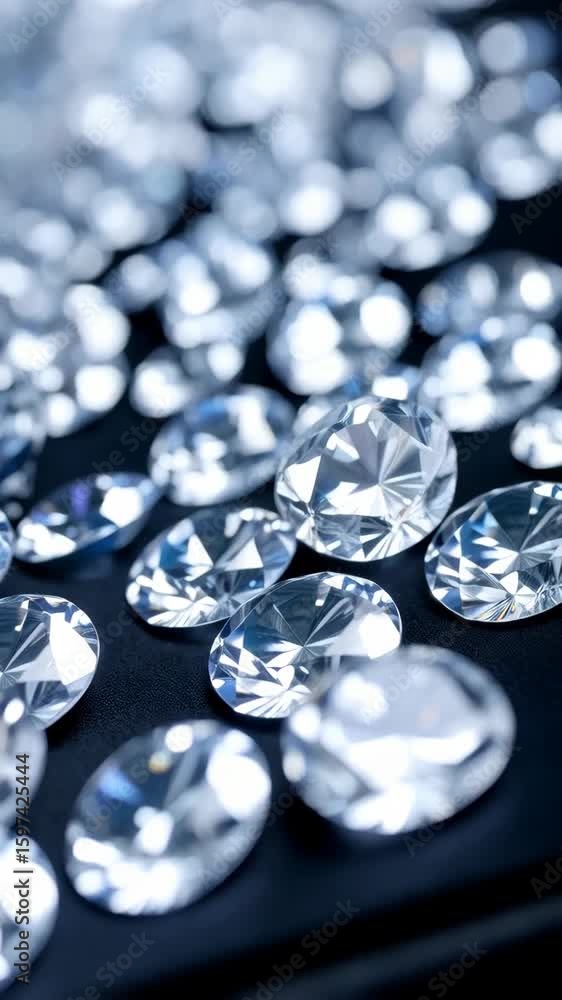Poster close-up of several oval cut diamonds scattered across a dark, slightly textured surface creating bo
