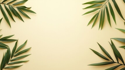 Flat-lay of green palm branches over yellow background, top view, copy space