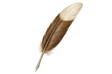 Vintage quill pen with brown-white feather, metal nib resting against clean transparent backdrop, highlighting classic writing instrument