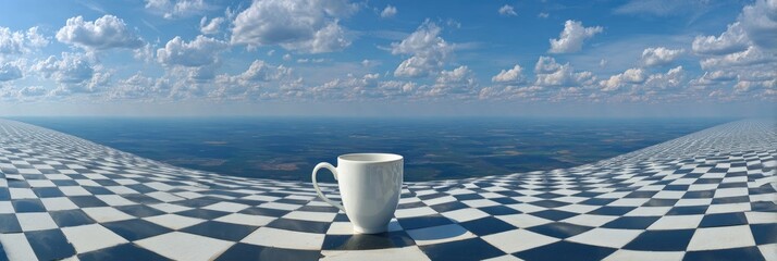 A white coffee cup sits on a vast checkered landscape, stretching towards a vast sky filled with clouds
