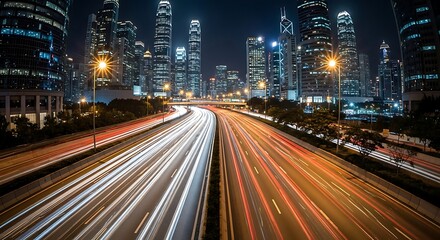 Naklejka premium Night cityscape with blurred light trails from vehicles on a highway, set against a backdrop of illuminated skyscrapers.