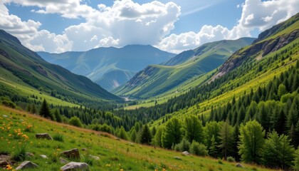 Fototapeta premium hills blocking cold winds creating warmer sheltered microclimate on leeward side green valley under soft sky climate effect