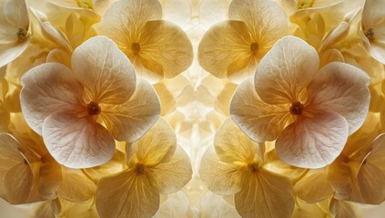 Close-up symmetrical pattern of pale yellow/cream hydrangea flowers