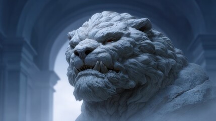 Detailed stone sculpture of a mythical lion creature with glowing red eyes