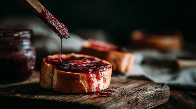 Homemade Cherry Berry Jam Spread Bread Breakfast Rustic Wooden Table Summer Food Dessert Comfort Yummy Treat Artisan Fresh Organic Preserve  - Powered by Adobe