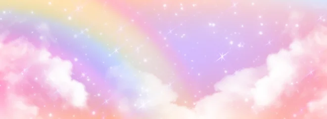 Fotobehang Regenboog Magical unicorn sky with rainbow gradient and clouds. Pastel pink purple dreamscape with sparkling stars and soft cotton atmosphere for fantasy birthday party backdrop or fairy tale illustrations.  © klyaksun