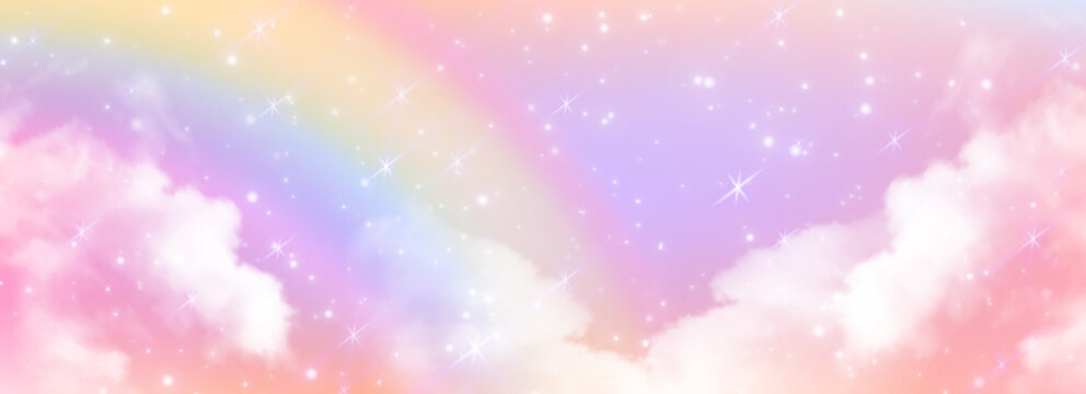 Fototapeta Magical unicorn sky with rainbow gradient and clouds. Pastel pink purple dreamscape with sparkling stars and soft cotton atmosphere for fantasy birthday party backdrop or fairy tale illustrations.
