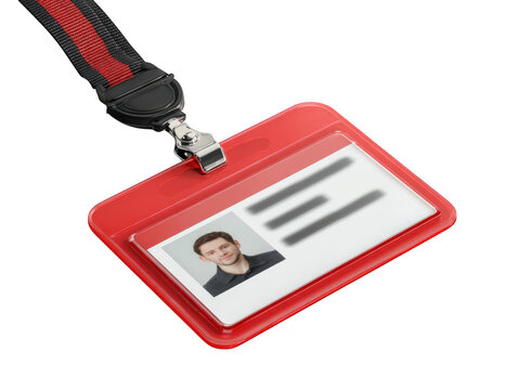 Red lanyard id card holder with employee photo and personal information isolated on transparent background