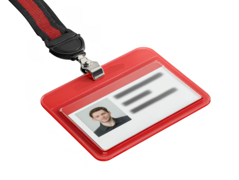 Red lanyard id card holder with employee photo and personal information isolated on transparent background