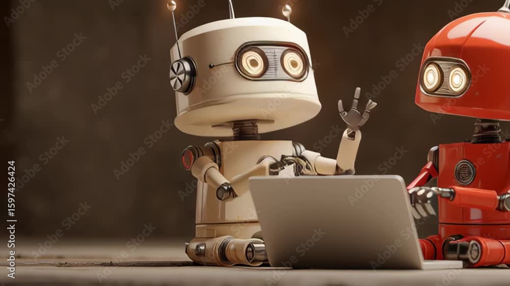 Poster two colorful robots engaging in conversation while sitting on wooden floor, one gesturing with hand,