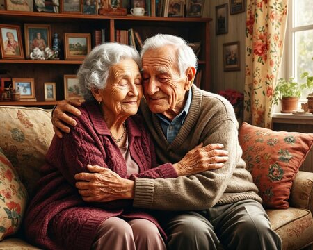 Elderly couple embracing on a floral-patterned couch in a cozy living room - Powered by Adobe