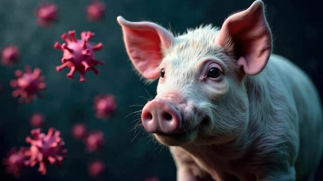 Pig surrounded by virus particles, symbolizing the transmission of zoonotic diseases, viral threats in livestock farming. Swine flu virus. African swine fever virus ASFV