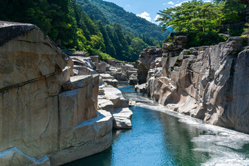 Nezame-no-toko Gorge, famouse gorge in the Nagano prefecture in Japan. A beautiful place where the white rocks contrast with the green of the mountains and the river