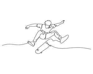 Fototapeta premium Skateboarder flipping board mid-air in one line art. Dynamic minimalist drawing of skateboarding trick.