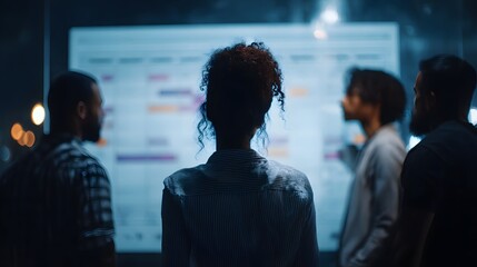 Team collaborating around a content calendar on a high  screen