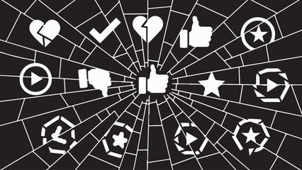 Assorted social media icons on a black background with a white shattered glass effect overlaying it