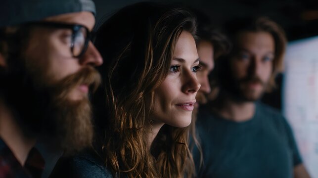 A team gathers around a digital content calendar on a computer screen  long title A group of focused professionals collaborating on a