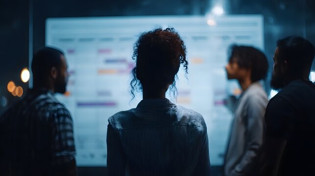 Team collaborating around a content calendar on a high  screen