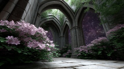 Fototapeta premium Ancient stone ruins with flowering plants against a starry night sky architecture
