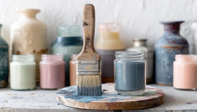 Paintbrush, paint, jars, palette.  Various pastel paints & vintage containers - Powered by Adobe
