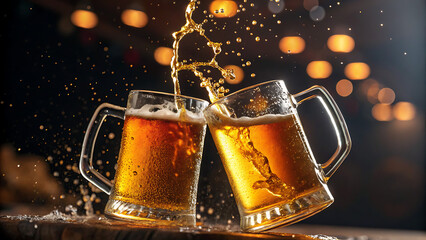 Two beer mugs clink together, creating a splash of golden liquid, symbolizing celebration, friendship, and the enjoyment of a social gathering in a festive atmosphere