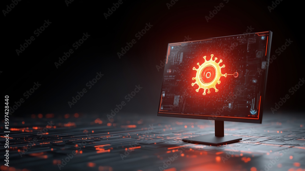 Fototapete computer monitor displaying a glowing gear symbol on a dark background, surrounded by intricate circ
