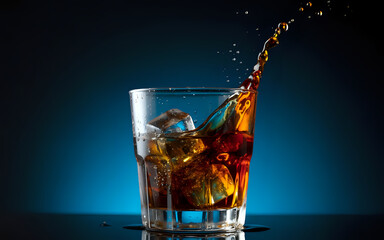 Refreshing cola drink with ice cubes splashing in a glass on blue background