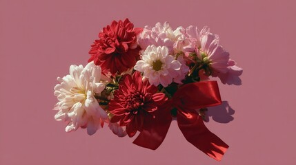 Dahlia bouquet with red bow on pink. Ideal for romantic cards or gifts.