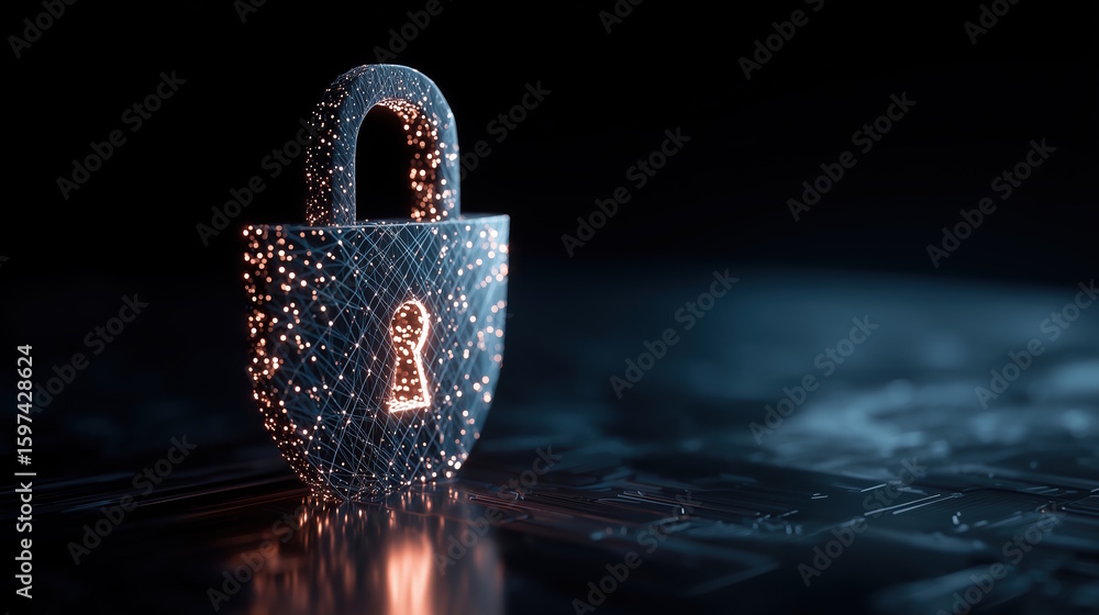 Poster digital lock symbolizing cybersecurity, illuminated with glowing particles, set against a dark backg