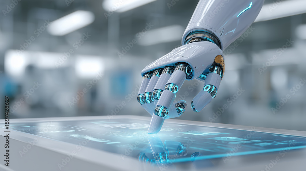 Poster robotic hand interacting with a futuristic touchscreen interface, showcasing advanced technology and
