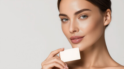 Beautiful woman with flawless skin holding a blank card close to her face, showcasing a natural look and inviting expression, perfect for marketing and promotional materials