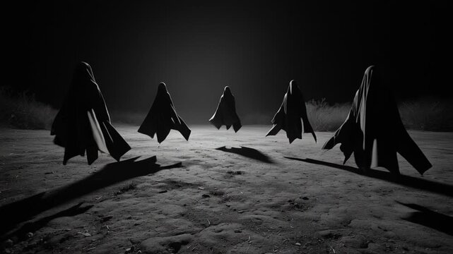 In the center of a vast open clearing five shrouded figures float eerily above the ground