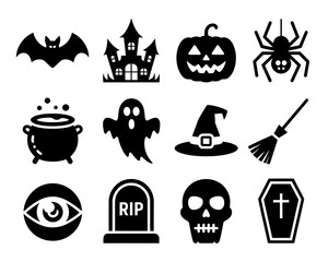 Collection of spooky halloween icons featuring a bat haunted house pumpkin spider and ghost silhouette isolated on white background