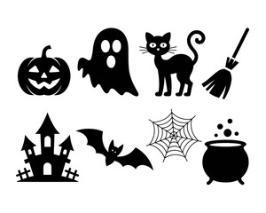 Obraz premium Collection of halloween icons including pumpkin ghost cat bat castle broom and cauldron silhouette isolated on white background