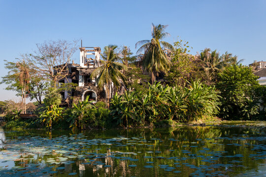 Destroyed Structure after Fire Awaits Reconstruction along Kandawgyi Lake in Yangon Myanmar