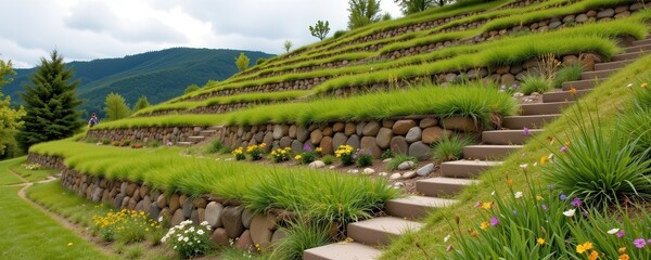 terraced hillside with alternating grass and rock layers balanced drainage and erosion control integrated design