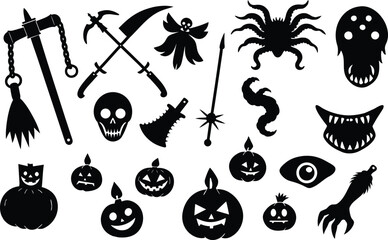 Collection of halloween icons silhouette isolated on transparent background