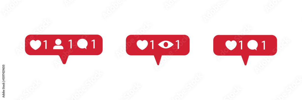 Poster red heart-like notification, new message bubble, and friend request quantity number icons. social ne