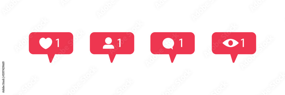 Poster red heart-like notification, new message bubble, and friend request quantity number icons. social ne
