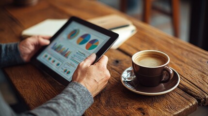 Freelancer Workflow and Remote Productivity Process, A person using a tablet displaying graphs while enjoying a cup of coffee at a wooden table.