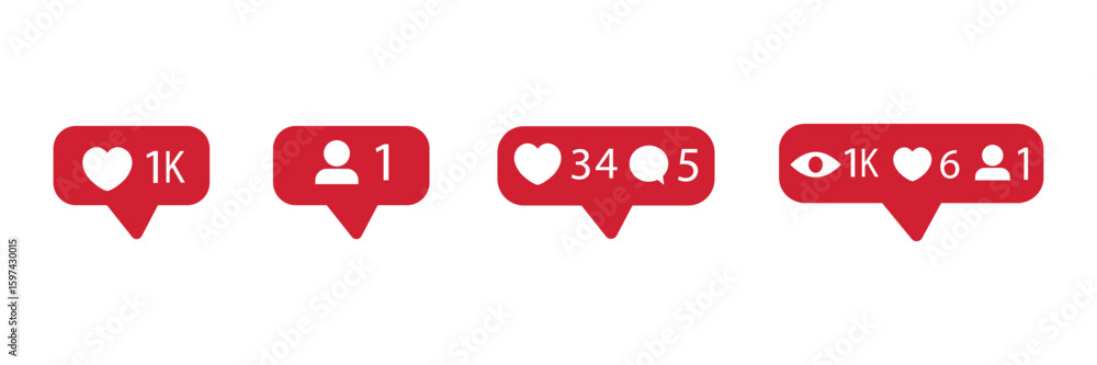 Poster red heart-like notification, new message bubble, and friend request quantity number icons. social ne