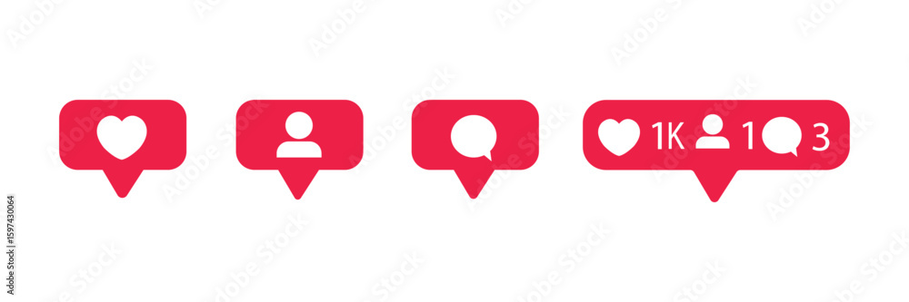 Poster red heart-like notification, new message bubble, and friend request quantity number icons. social ne