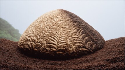 Fototapeta premium Carved stone boulder with fern leaf patterns on a foggy mountainside rock