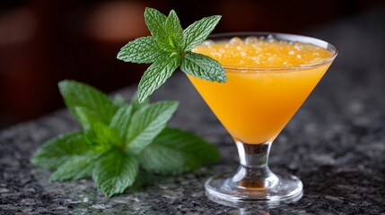 A chilled orange beverage garnished with fresh mint leaves sits on a speckled surface